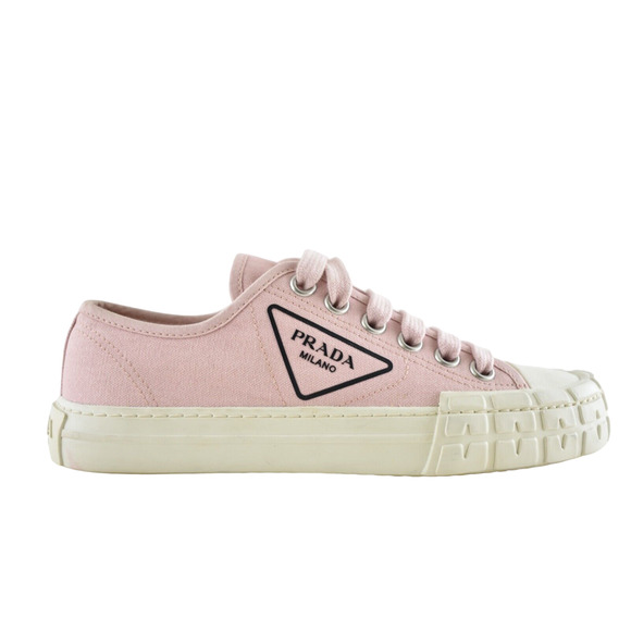 Prada Wheel Canvas Pesco Pink Logo Lace Up Tie Flat Low Top Trainer Sneaker 37 - Picture 1 of 12